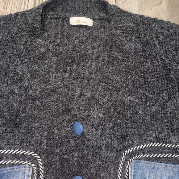 Fashion V Neck Denim Pocket Knitted Sweater Loose Cardigan Jacket oversized - Picture 6 of 11